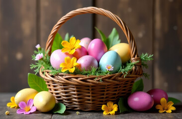 Basket with Easter Eggs of Different Colors on Wooden Background, Spring Card