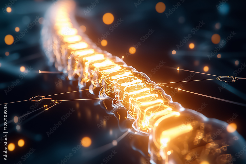 Poster glowing spine visualizes neural connections with light particles in a dark setting, showcasing the i
