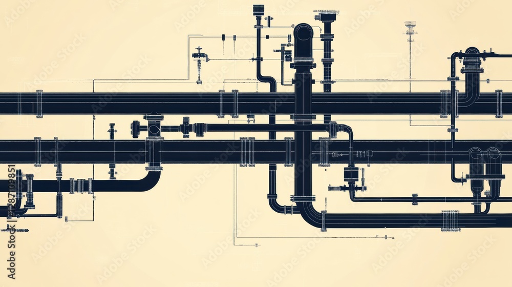 Poster detailed depiction of gas pipeline flow with minimalist infographic design representing key infrastr