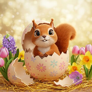 A cute fluffy cartoonishly voluminous hight realistic squirle with big expressive eyes sitting inside a cracked Easter egg with a pastel-colored floral pattern