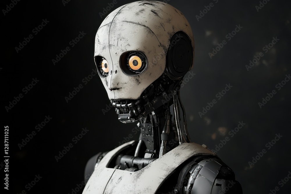 Poster realistic humanoid robot with expressive eyes displayed in a dark studio setting