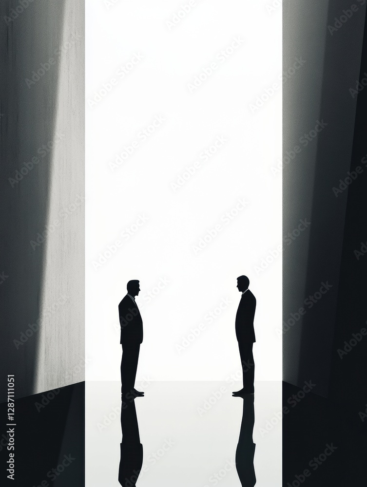 Poster two silhouettes in dark suits converse in a minimalist architectural space during daylight hours. ge