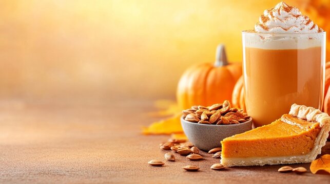 Pumpkin pie latte and roasted pumpkin seeds in a fall setting. Generative AI