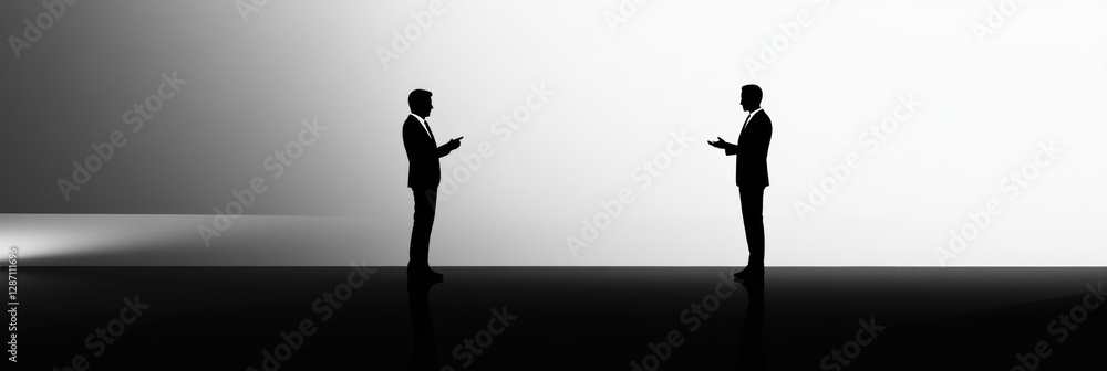 Aufkleber Two business professionals engage in a thoughtful discussion in a minimalist setting with contrasting light and shadow. Generative AI