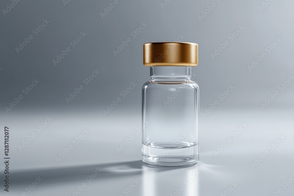 Aufkleber clear glass bottle with gold lid placed on a smooth surface under soft lighting. generative ai