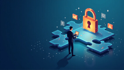 Businessman securing data with lock puzzle, concept of cyber security and firewall protection, safeguarding confidential information