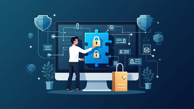 Businessman securing data with lock puzzle, concept of cyber security and firewall protection, safeguarding confidential information