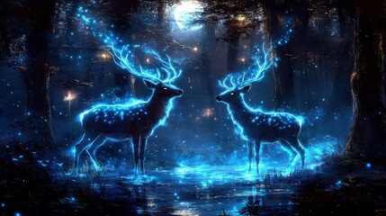 Glowing Deer Forest Night Magic Fantasy Art