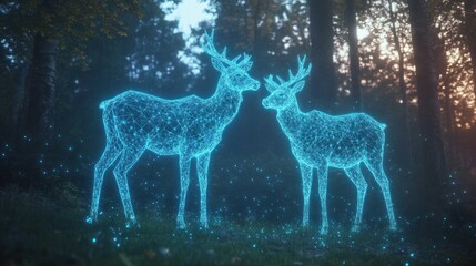 Glowing deer couple, forest sunset, digital art