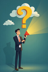 Obraz premium Businessman Strategizing Future with Flashlight Question Mark