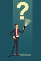 Obraz premium Businessman Strategizing Future with Flashlight Question Mark