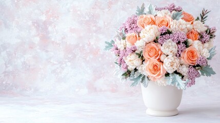Obraz premium Peach and white roses bouquet, vase, textured background; romantic gift