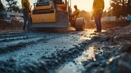 Construction site teamwork, workers using vibrating machine to level cement mortar, smooth floor preparation