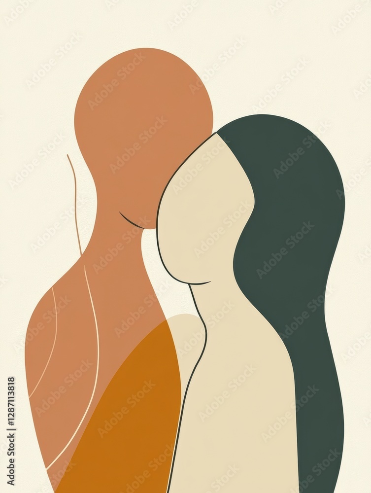 Poster two people sharing a warm embrace in a minimalist and expressive illustration capturing love and con