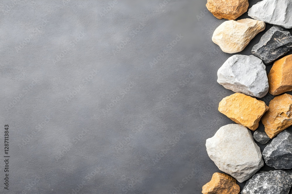 Poster natural stones and rocks arranged in border composition on gray concrete background with copy space.