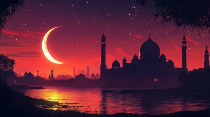 Naklejka premium Silhouette of a mosque at sunset with a crescent moon in the evening sky, symbolizing Islam during Ramadan, Eid al-Adha, and Eid al-Fitr.