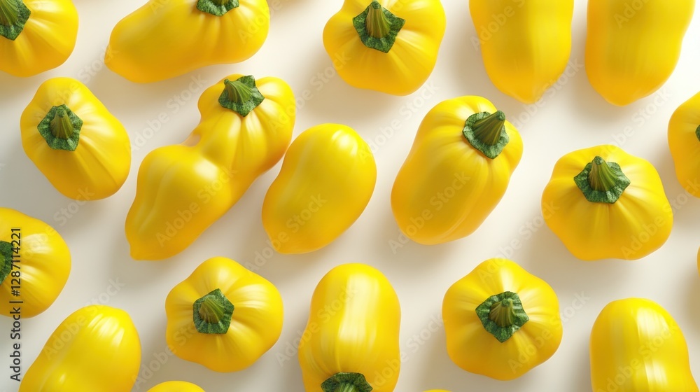 Wall mural Yellow peppers scattered on white background, food photography, flatlay, healthy eating