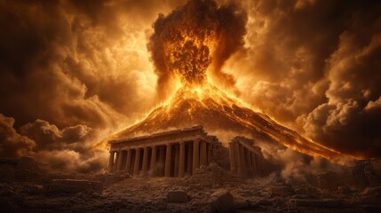 Volcano eruption with lava flowing and smoke filling the sky destroying an ancient temple in an intense disaster scene. Generative AI