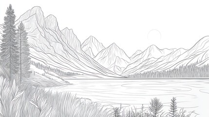 Sketchy lake, mountains, forest, moon, nature design
