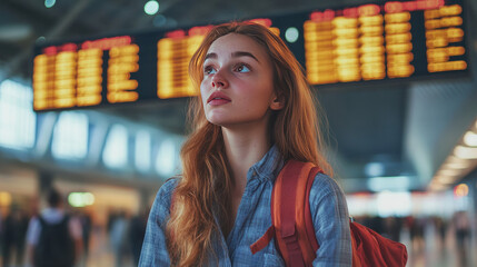 Situation with the cancelled flight: A young, attractive woman traveler finds out that her flight has been cancelled and she won't be able to return home today. 