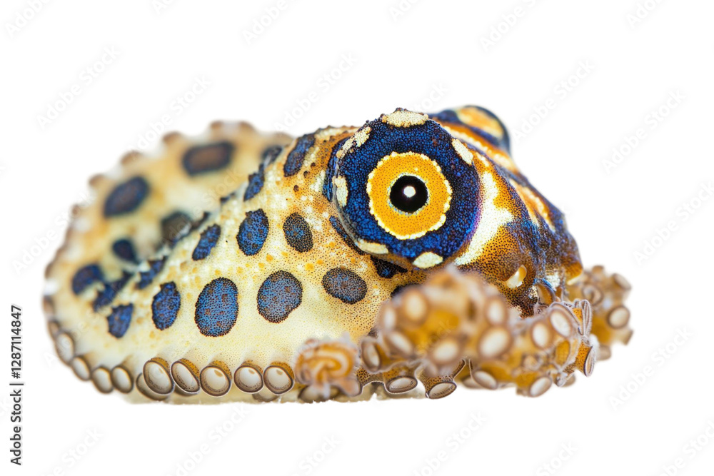 Poster vibrant macro portrait of a blue-ringed octopus featuring intricate patterns and details on a transp