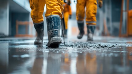 Construction site teamwork, workers using vibrating machine to level cement mortar, smooth floor preparation