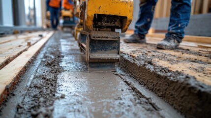 Construction site teamwork, workers using vibrating machine to level cement mortar, smooth floor preparation