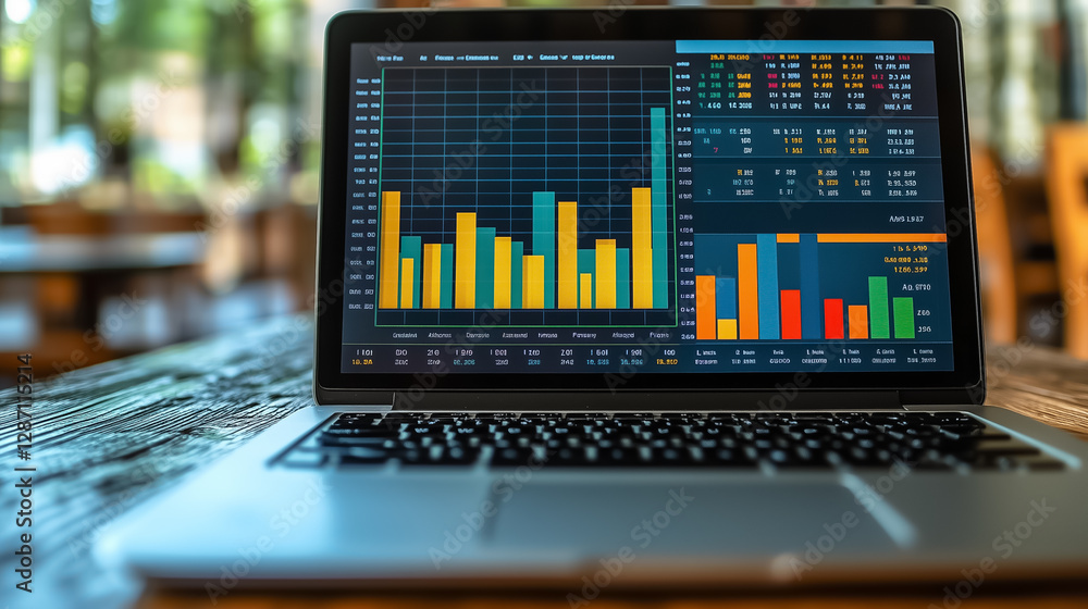 Poster laptop screen presents vibrant bar charts showcasing data analysis. the wooden table adds a rustic f