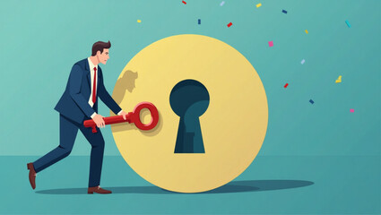 Businessman Unlocking Keyhole with Key to Solve Problems vector::9, finding solutions and answers to questions