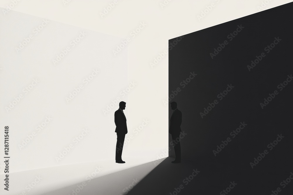 Aufkleber two businessmen standing in contrasting light and shadow sections in a minimalist setting during an 