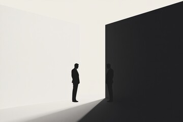 Two businessmen standing in contrasting light and shadow sections in a minimalist setting during an evening discussion. Generative AI