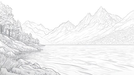 Mountain lake sketch, scenic view, peaceful background