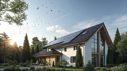Naklejka premium Modern house with solar panels, Generative AI