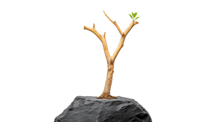 Small sapling growing on rocky surface with transparent background