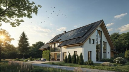 Modern house with solar panels, Generative AI