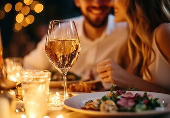 Obraz premium A man and woman are sitting at a table with a wine glass in front of them. The wine glass is half full and the couple is smiling. There are several other glasses on the table