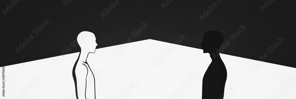 Poster two figures facing each other in a minimalist design contrasting black and white colors with geometr