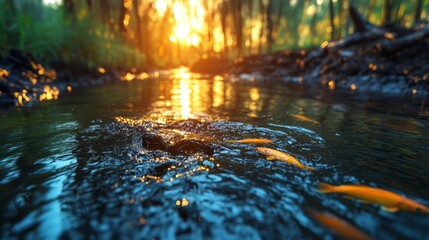Sunlit River with Glowing Particles and Clear Water Surface. Generative AI