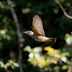 Fototapeta premium American woodpecker in flight over the forest. Aerial wildlife photography
