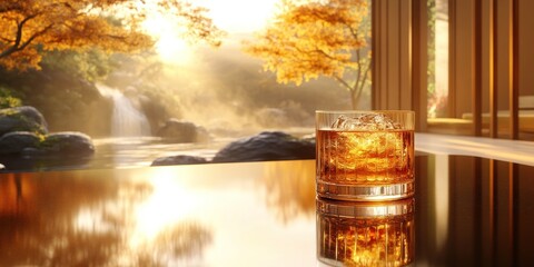 Golden Hour Serenity: Whiskey by the Waterfall