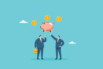 Financial Planning for the Future, Two Businessmen Highlight a Piggy Bank as a Symbol of Smart Savings