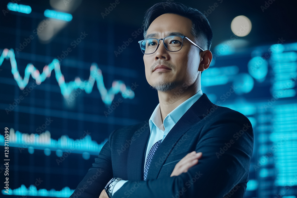 Aufkleber professional man in a suit is looking confidently at the camera in a high-tech office filled with di