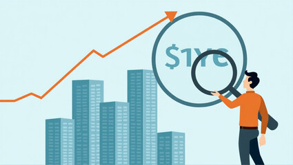 Businessman Using Magnifying Glass to Select Best Building for Company Expansion and Growth