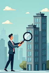 Businessman Using Magnifying Glass to Select Best Building for Company Expansion and Growth