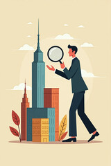 Businessman Using Magnifying Glass to Select Best Building for Company Expansion and Growth