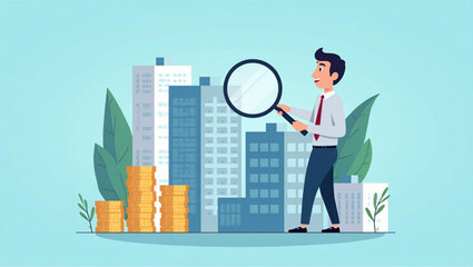 Obraz premium Businessman Using Magnifying Glass to Select Best Building for Company Expansion and Growth