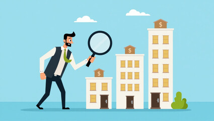 Businessman Using Magnifying Glass to Select Best Building for Company Expansion and Growth