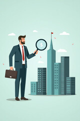 Businessman Using Magnifying Glass to Select Best Building for Company Expansion and Growth