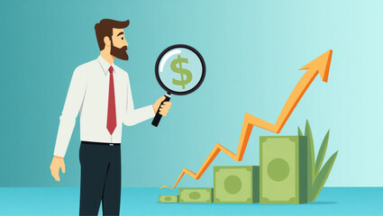 Businessman Using Magnifying Glass to Track Money Trail vector::9, navigating path to financial success and company growth