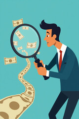 Businessman Using Magnifying Glass to Track Money Trail vector::9, navigating path to financial success and company growth